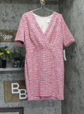 London Times Womens Houndstooth Faux-Wrap V Neck Embellished Dress Pink 18