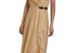 Lauren Ralph Lauren Womens Buckle-Trim Metallic Chiffon Dress Birch Tan Gold 14