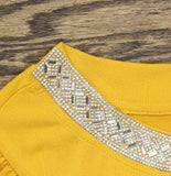 Ny Collection Puff Sleeve Embellished Neckline Blouse Top Golden Glow Yellow PXL