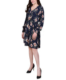 Ny Collection Long Sleeve V-Neck Dress with Smocked Cuffs Navy Floral Blue M