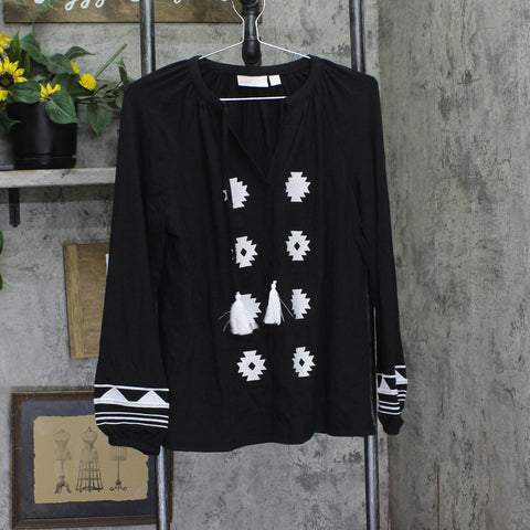 Belle By Kim Gravel Boho Slub Knit Embroidered Peasant Shirt Top Black Multi S