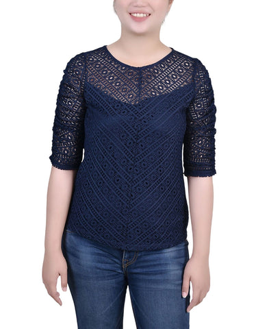 Ny Collection Womens Petite Rouched Sleeve Lace Top PLAU5430