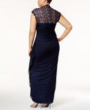 X By Xscape Plus Size Ruched Lace Gown Dress XC121W Navy Blue 14W
