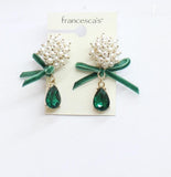 Francesca's Pearl Cluster Ribbon Teardrop Earrings Emerald Green / Gold 1"