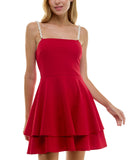 City Studios Pearl-Strap Sleeveles Tiered Fit & Flare Dress Garnet Red 7/8