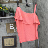Colleen Lopez Womens Knit Ruffle One Shoulder Blouse Shirt Top Coral Pink XL