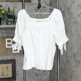 Pearl Global Women Square Neck Tie Sleeve Pinktuck Blouse White See Measurements