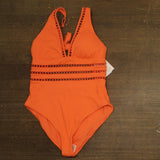 Becca Modern Edge Ribbed Cut-Out One Piece Swimsuit 541357 Coral Rose Orange L