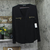 INC International Concepts Zip-Pocket Woven Long Sleeve Blouse Deep Black XL