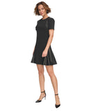 DKNY Womens Studded Short Sleeve Leather Detail Flare Sheath Dress Black 14