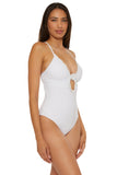 Becca Colette Plunge One-Piece Swimsuit with Crochet Detail 841057 White M