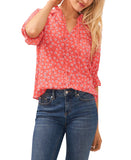 Cece Womens 3/4 Sleeve Tie Neck Floral-Print Blouse 7033067 Coral Pink L