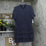 Crystal Doll Printed-Chiffon Short Sleeve Babydoll Dress Navy Blue / White XL