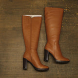 Kenneth Cole Lug Sole Tall Knee High Heeled Boots with Zip Cognac Brown 7.5M