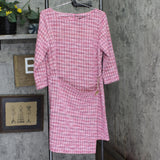 Halston Tweed Faux Wrap Embellished 3/4 Sleeve Shift Dress Fuchsia Pink 12