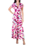 24seven Comfort Apparel V-Neck Cap Sleeve Empire Waist Maxi Dress Multi Red M