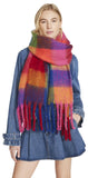 Steve Madden Brushed Plaid Blanket Warm Fringe Scarf Oversized Warm Blue Multi