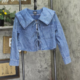 Future Collective Collar Long Sleeve Tie-Front Denim Blouse Medium Wash Blue M