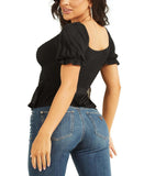 Guess Women's Riza Smocked Short Sleeve Top WBYP53K12X0 Black XL