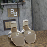 Anne Klein Beata Square Toe Dress Sandals Block Heel Bone Crinkle Off White 9M