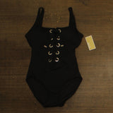 Michael Michael Kors Solid Lace Up One Piece Swimsuit with Grommets Black 12