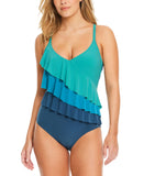 Beyond Control Ruffle-Tiered Color-Block One Piece Swimsuit Blue / Green 12