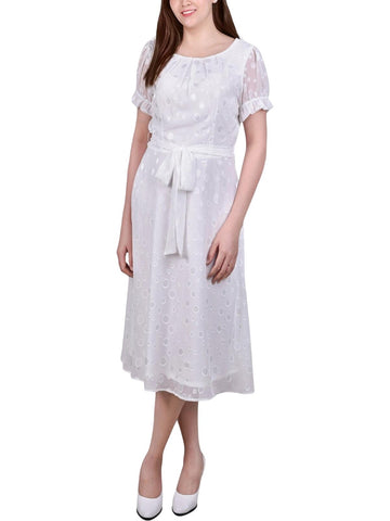 Ny Collection Chiffon Knee-Length Midi Dress Ivory Multi Circle White PXL