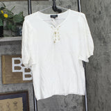 Belldini Knit Puff Sleeve Tie Front Blouse Top White / Gold XL