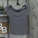 Polly & Esther Juniors Pinstriped Jewel Neck Skimmer T-Shirt Top Black / White M