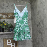 Aqua Womens Linen Blend Palm Print V-Neck Mini Dress Light Blue / Green XS