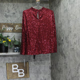 MSK Womens Sequin Keyhole Neck Long Sleeved Top Blouse Dark Wine Red L