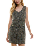 City Studio Boucle Sheath Pocketed V Neck Sleeveless Dress Black Multi 3/4
