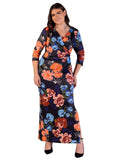 24seven Comfort Apparel 3/4 Sleeves Side Slit Maxi Dress Black Multi Print 3X