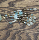 Fringe Tassel Pendant Necklace with Faux Leather Cord Tan Brown / Blue Multi 28"