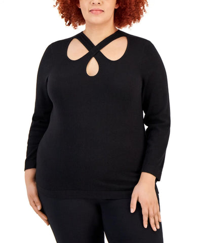 Anne Klein Womens Plus Size Cross-Over-Neckline Sweater 10839475 Black 0X