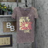 Roxy Womens Lost in Love V-Neck Graphic Extended T-Shirt Tee Brownish Purple S