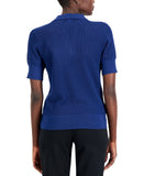 Alfani Pointelle Polo V-Neck Ribbed Knit Sweater Top Blazing Navy Blue M