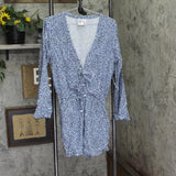 Bar III the Prowl Long Sleeve Lace-up Romper Swim Cover Up Navy Cheetah Blue M