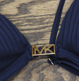 Michael Michael Kors Ribbed V-Neck Bikini Top with Logo Hardware Midnight Blue M