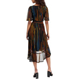 Connected Apparel Petite Chiffon Sheath Dress with Ruffle Trim Multi Brown 4P