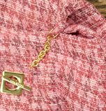Halston Tweed Faux Wrap Embellished 3/4 Sleeve Shift Dress Fuchsia Pink 12