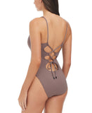 Sanctuary Refresh Rib Plunging Lace Back Mio One-Piece Swimsuit Iron Brown M