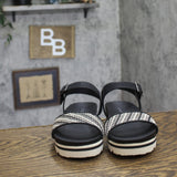 Bearpaw Platform Woven Raffia Buckle Open Toe Slingback Sandals Black / White 9M