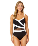 Anne Cole Womens Mesh-Inset V-Neck One-Piece Swimsuit 25MO02001 Black / White 14