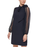Vince Camuto Womens Bow Neck Shift Dress with Flock Mesh Dot Sleeves Navy Blue 4