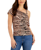 Willow Drive Printed Ruffled One-Sleeve Knit Top Safari Cheetah Brown Multi L