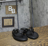 Sugar Womens Vegan Leather Flip Flops with Embellished Floral Design Black 9M
