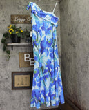 Adrianna Papell One Shoulder Bow Floral Printed Scuba Dress Gown Blue Multi 14