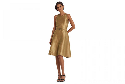 Lauren Ralph Lauren Womens Metallic Twill Belted Cocktail Dress Bronze Gold 8
