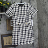 Aqua Sleeve Tweed Pocket Frayed Hem Embellished Shift Dress Black / White 2XS